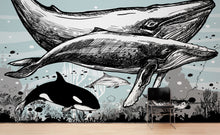 Load image into Gallery viewer, Whale, Dolphin, Killer Whale Wall Mural. Underwater Sea Life Drawing Design. Peel and Stick Wall Mural. #6354
