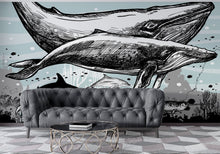 Load image into Gallery viewer, Whale, Dolphin, Killer Whale Wall Mural. Underwater Sea Life Drawing Design. Peel and Stick Wall Mural. #6354
