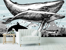 Carregar imagem no visualizador da galeria, Whale, Dolphin, Killer Whale Wall Mural. Underwater Sea Life Drawing Design. Peel and Stick Wall Mural. #6354
