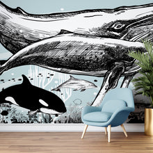 Load image into Gallery viewer, Whale, Dolphin, Killer Whale Wall Mural. Underwater Sea Life Drawing Design. Peel and Stick Wall Mural. #6354
