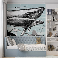 Load image into Gallery viewer, Whale, Dolphin, Killer Whale Wall Mural. Underwater Sea Life Drawing Design. Peel and Stick Wall Mural. #6354
