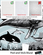 Cargar imagen en el visor de la galería, Whale, Dolphin, Killer Whale Wall Mural. Underwater Sea Life Drawing Design. Peel and Stick Wall Mural. #6354
