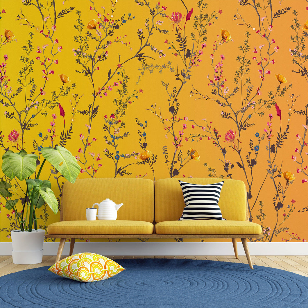 Botanical Flower Garden With Yellow Orange Background Wall Mural. Blossom Flower Decor. #6355