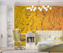 Cargar imagen en el visor de la galería, Botanical Flower Garden With Yellow Orange Background Wall Mural. Blossom Flower Decor. #6355
