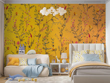 Cargar imagen en el visor de la galería, Botanical Flower Garden With Yellow Orange Background Wall Mural. Blossom Flower Decor. #6355
