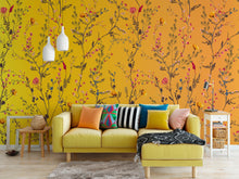 Carregar imagem no visualizador da galeria, Botanical Flower Garden With Yellow Orange Background Wall Mural. Blossom Flower Decor. #6355
