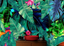 Load image into Gallery viewer, Rainforest Jungle Tropical Wallpaper. Green Flowers and Palm Tree Leaves Design. #6357
