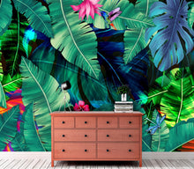 Cargar imagen en el visor de la galería, Rainforest Jungle Tropical Wallpaper. Green Flowers and Palm Tree Leaves Design. #6357
