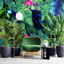 Cargar imagen en el visor de la galería, Rainforest Jungle Tropical Wallpaper. Green Flowers and Palm Tree Leaves Design. #6357
