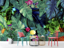 Load image into Gallery viewer, Rainforest Jungle Tropical Wallpaper. Green Flowers and Palm Tree Leaves Design. #6357
