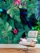 Load image into Gallery viewer, Rainforest Jungle Tropical Wallpaper. Green Flowers and Palm Tree Leaves Design. #6357
