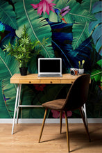 Cargar imagen en el visor de la galería, Rainforest Jungle Tropical Wallpaper. Green Flowers and Palm Tree Leaves Design. #6357
