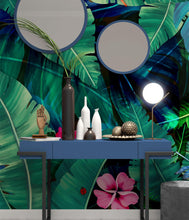 Load image into Gallery viewer, Rainforest Jungle Tropical Wallpaper. Green Flowers and Palm Tree Leaves Design. #6357
