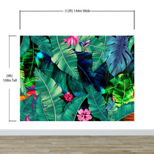 Cargar imagen en el visor de la galería, Rainforest Jungle Tropical Wallpaper. Green Flowers and Palm Tree Leaves Design. #6357
