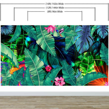 Cargar imagen en el visor de la galería, Rainforest Jungle Tropical Wallpaper. Green Flowers and Palm Tree Leaves Design. #6357
