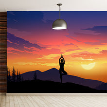 Load image into Gallery viewer, Yoga Meditating On Top of Mountain View Wall Mural. Calm Sunrise Design Peel and Stick Wallpaper. #6364
