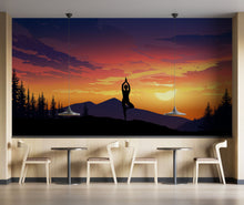 Load image into Gallery viewer, Yoga Meditating On Top of Mountain View Wall Mural. Calm Sunrise Design Peel and Stick Wallpaper. #6364
