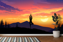 Cargar imagen en el visor de la galería, Yoga Meditating On Top of Mountain View Wall Mural. Calm Sunrise Design Peel and Stick Wallpaper. #6364
