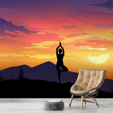 Load image into Gallery viewer, Yoga Meditating On Top of Mountain View Wall Mural. Calm Sunrise Design Peel and Stick Wallpaper. #6364
