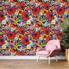 Load image into Gallery viewer, Colorful Blooming Flower Wall Mural. Tropical Floral Design Pattern Peel and Stick Wallpaper. #6370
