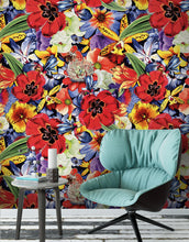 Load image into Gallery viewer, Colorful Blooming Flower Wall Mural. Tropical Floral Design Pattern Peel and Stick Wallpaper. #6370
