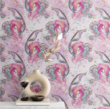 Load image into Gallery viewer, Pink Mermaid Wall Mural. Magical Cute Mermaid and Seahorse in Ocean Peel and Stick Wallpaper. #6371
