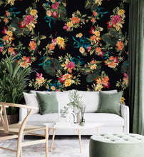 Load image into Gallery viewer, Tropical Flower Wall Mural. Paradise Botanical Flowers and Leave Black Background. #6372
