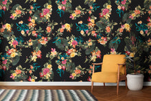 Load image into Gallery viewer, Tropical Flower Wall Mural. Paradise Botanical Flowers and Leave Black Background. #6372
