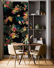 Load image into Gallery viewer, Tropical Flower Wall Mural. Paradise Botanical Flowers and Leave Black Background. #6372
