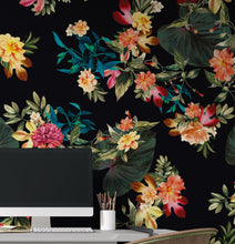 Load image into Gallery viewer, Tropical Flower Wall Mural. Paradise Botanical Flowers and Leave Black Background. #6372
