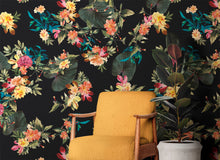 Load image into Gallery viewer, Tropical Flower Wall Mural. Paradise Botanical Flowers and Leave Black Background. #6372
