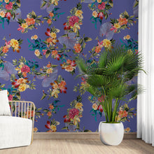 Load image into Gallery viewer, Tropical Flower Wall Mural. Paradise Botanical Flowers and Leave Purple Very Peri Color Background. #6376
