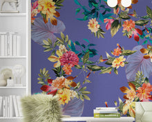 Load image into Gallery viewer, Tropical Flower Wall Mural. Paradise Botanical Flowers and Leave Purple Very Peri Color Background. #6376
