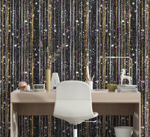 Load image into Gallery viewer, Glamour Gold Stripe Wall Mural. White and Purple Dot Peel and Stick Wallpaper. #6378
