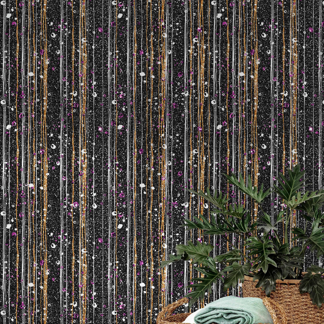 Glamour Gold Stripe Wall Mural. White and Purple Dot Peel and Stick Wallpaper. #6378