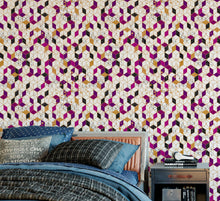 Cargar imagen en el visor de la galería, Abstract 3D Cube Shape Wall Mural. Geometric Cube Minimalistic Purple and Gold Peel and Stick Wallpaper. #6380
