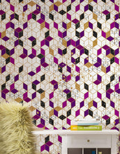 Cargar imagen en el visor de la galería, Abstract 3D Cube Shape Wall Mural. Geometric Cube Minimalistic Purple and Gold Peel and Stick Wallpaper. #6380
