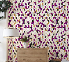 Load image into Gallery viewer, Abstract 3D Cube Shape Wall Mural. Geometric Cube Minimalistic Purple and Gold Peel and Stick Wallpaper. #6380
