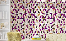 Cargar imagen en el visor de la galería, Abstract 3D Cube Shape Wall Mural. Geometric Cube Minimalistic Purple and Gold Peel and Stick Wallpaper. #6380
