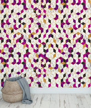 Cargar imagen en el visor de la galería, Abstract 3D Cube Shape Wall Mural. Geometric Cube Minimalistic Purple and Gold Peel and Stick Wallpaper. #6380
