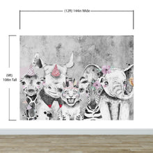 Load image into Gallery viewer, Safari Baby Animals Wall Mural. Baby Elephant, Giraffe, Rhino, Lion and Zebra Peel and Stick Wallpaper. #6383
