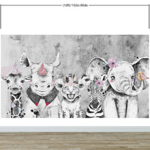 Load image into Gallery viewer, Safari Baby Animals Wall Mural. Baby Elephant, Giraffe, Rhino, Lion and Zebra Peel and Stick Wallpaper. #6383
