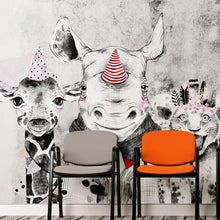 Carregar imagem no visualizador da galeria, Safari Baby Animals Wall Mural. Baby Elephant, Giraffe, Rhino, Lion and Zebra Peel and Stick Wallpaper. #6383
