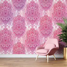 Load image into Gallery viewer, Large Floral Mandala Wall Art Wallpaper. Pink and Purple Ornament Design Peel and Stick Wall Mural. #6384
