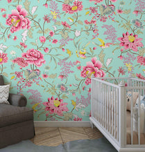 Cargar imagen en el visor de la galería, Mint Color Flower Pattern Wall Mural. Tropical Botanical Floral Peel and Stick Wallpaper. #6387
