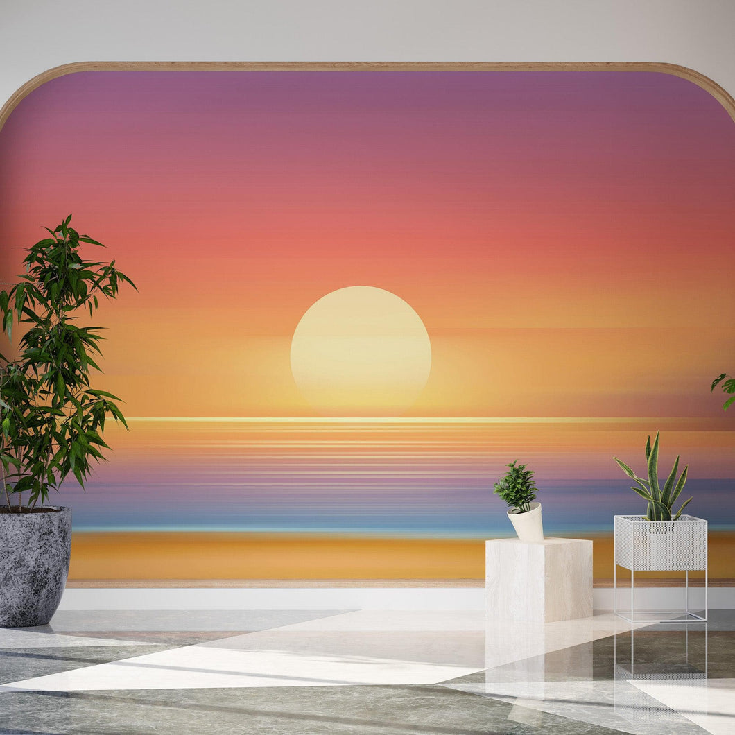 Orange Sunset Over Beach Wall Mural. Blurred Abstract Sunset Over Coastline. #6393