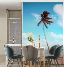 Load image into Gallery viewer, Palm Tree on Beach Coastline Wall Mural. Tropical Theme Peel and Stick Wallpaper Decor. #6401
