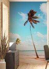 Load image into Gallery viewer, Palm Tree on Beach Coastline Wall Mural. Tropical Theme Peel and Stick Wallpaper Decor. #6401
