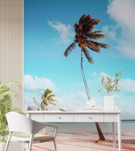 Load image into Gallery viewer, Palm Tree on Beach Coastline Wall Mural. Tropical Theme Peel and Stick Wallpaper Decor. #6401
