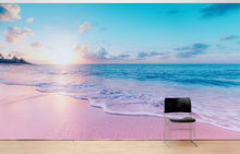 Cargar imagen en el visor de la galería, Pastel Color Sunset over Paradise Beach Wall Mural. Pastel Pink and Blue Color Scheme Peel and Stick Wallpaper. #6404
